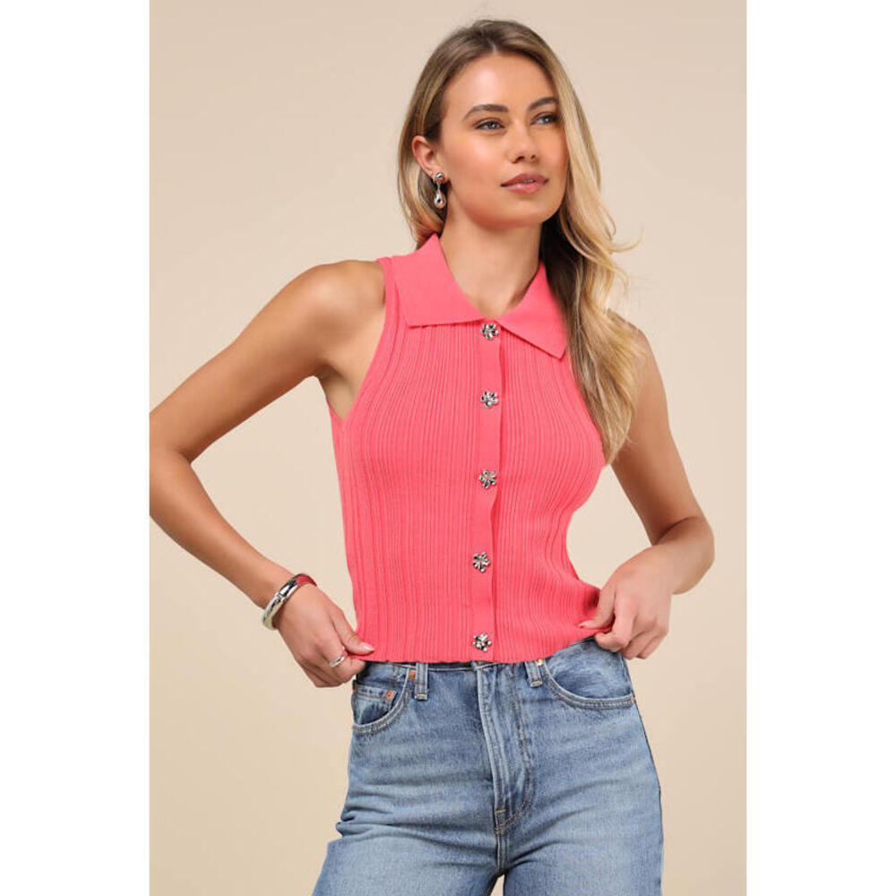 Lulus Jena Coral Pink Ribbed Knit Button-front Tank Top - Size S